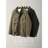 风牛仔拼接翻领夹克男秋冬季 LUUD 日系复古工装 大口袋哈灵顿外套