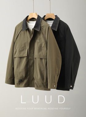 LUUD 日系复古工装风牛仔拼接翻领夹克男秋冬季大口袋哈灵顿外套
