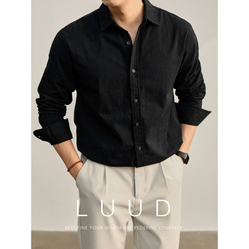 LUUD 高端韩版100%纯棉翻领衬衫男秋季纯色时尚百搭长袖寸衣外套