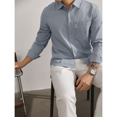 LUUD 浅蓝色轻商务修身长袖衬衫男士纯色100纯棉职场休闲叠穿衬衣