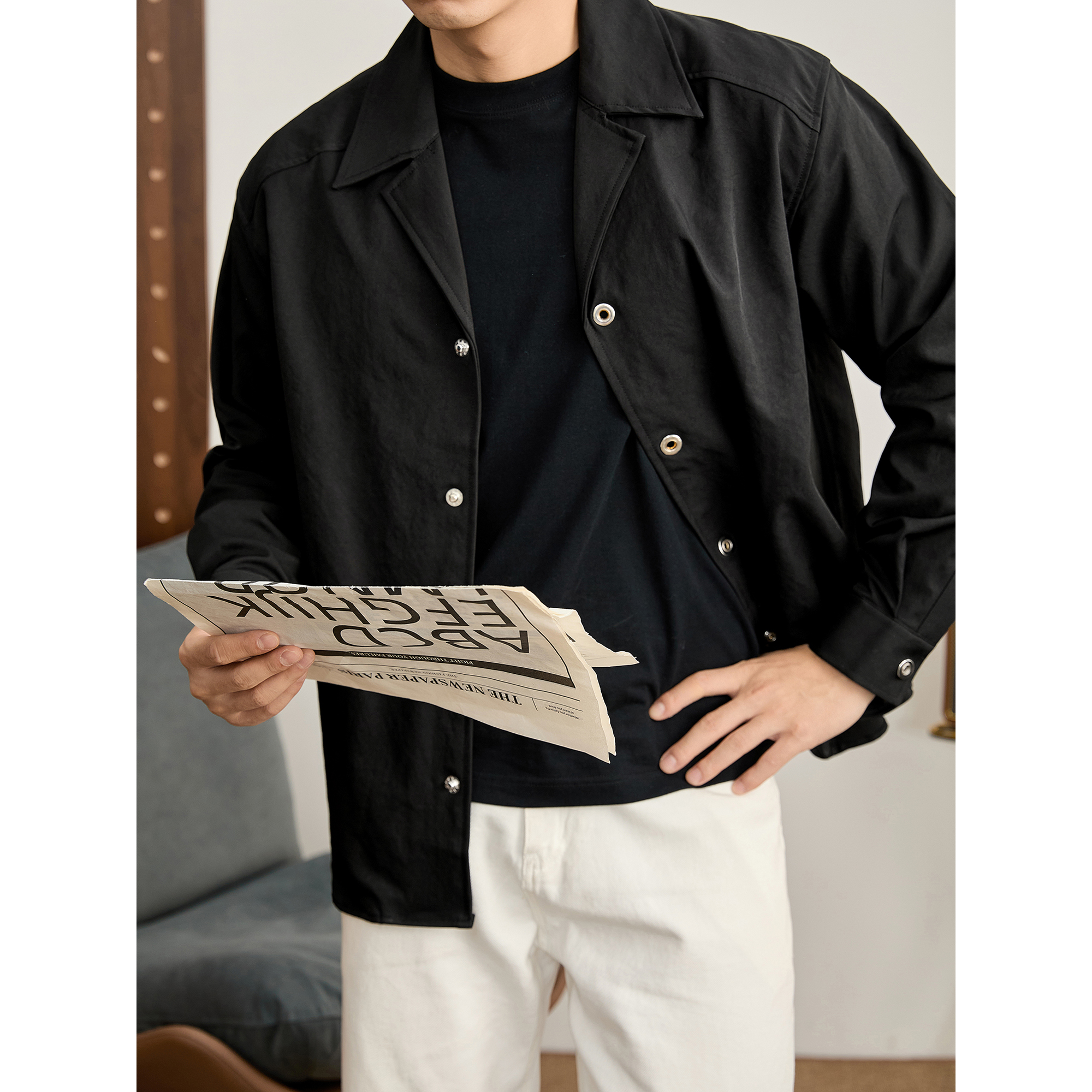 LUUD 秋冬季男士防风保暖古巴领衬衫夹克简约纯色单排扣风衣外套