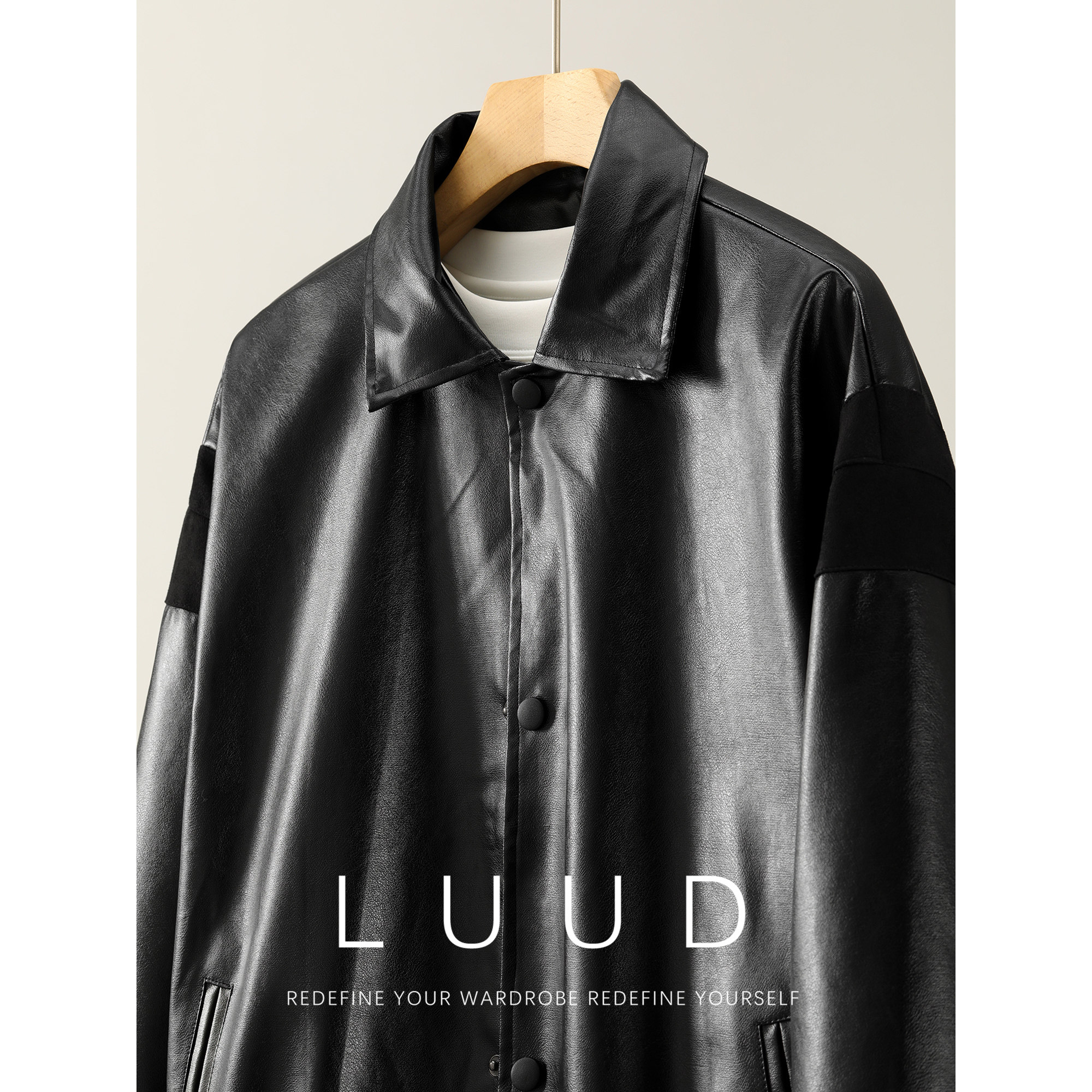 LUUD 酷感机车风亮面PU皮翻领外套拼接袖设计简约复古夹克潮男装