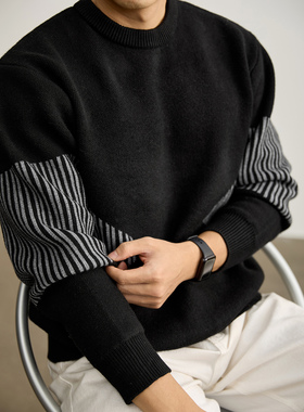 LUUD 高克重698g几何条纹拼接圆领毛衣男秋冬简约帅气保暖针织衫