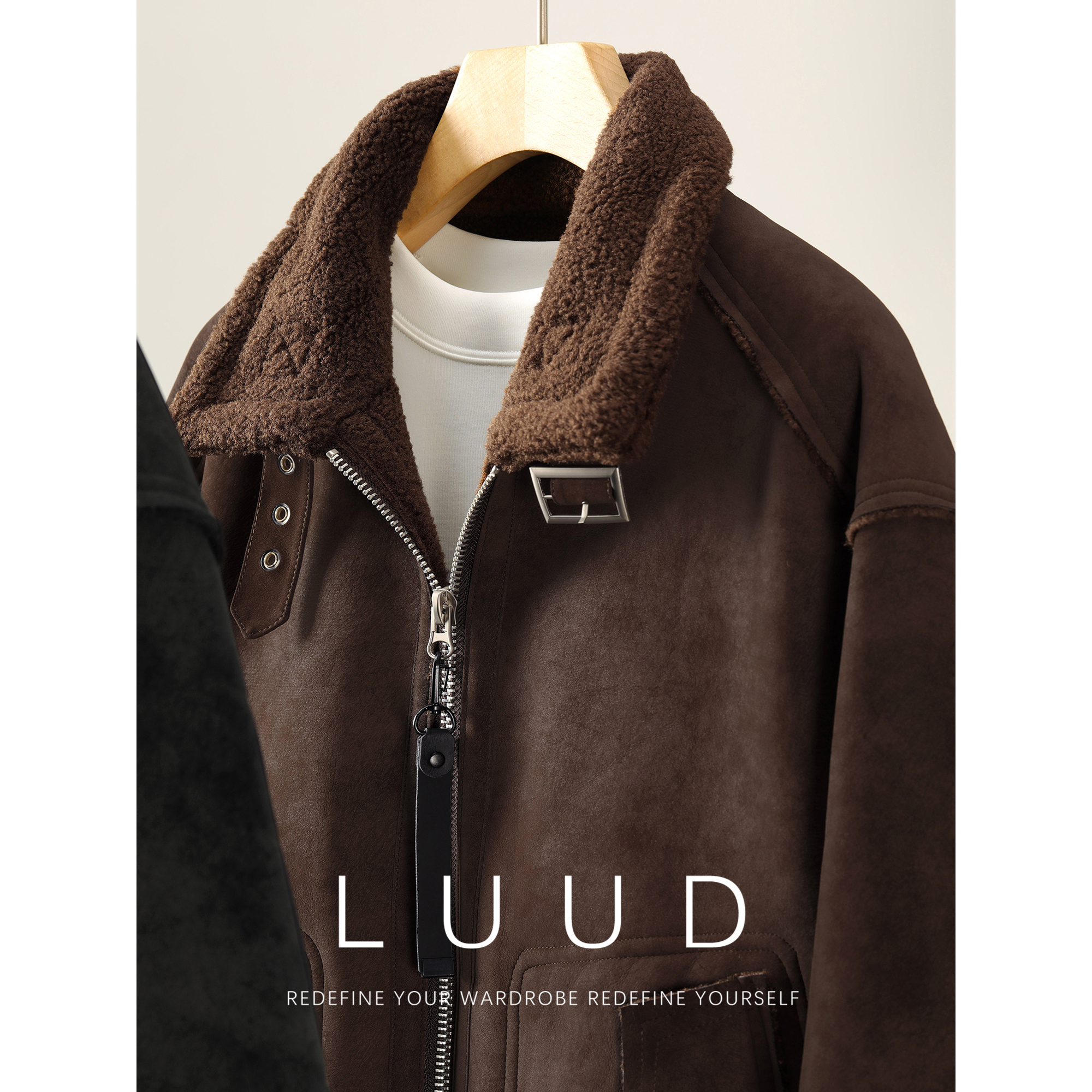LUUD 冬季男士羊羔绒内里可调节领口夹克复古拉链装饰麂皮绒外套