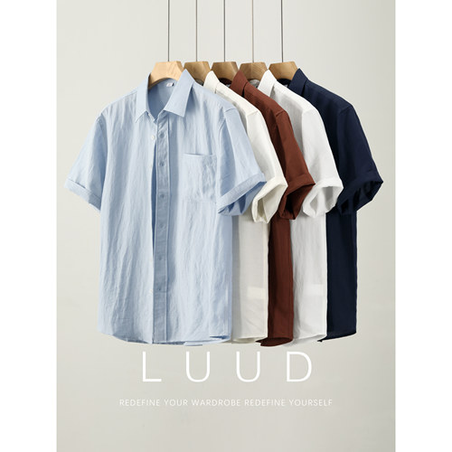 LUUD 天丝莱赛尔棉麻混纺薄款短袖衬衫男士透气吸湿垂感翻领衬衣