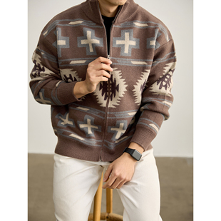 LUUD 男秋冬860高克重保暖毛衣外套 费尔岛复古提花花纹立领针织衫