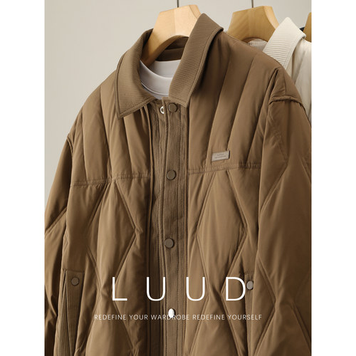 LUUD 菱形压纹白鸭绒羽绒外套男冬轻盈保暖单排扣翻领面包服外套
