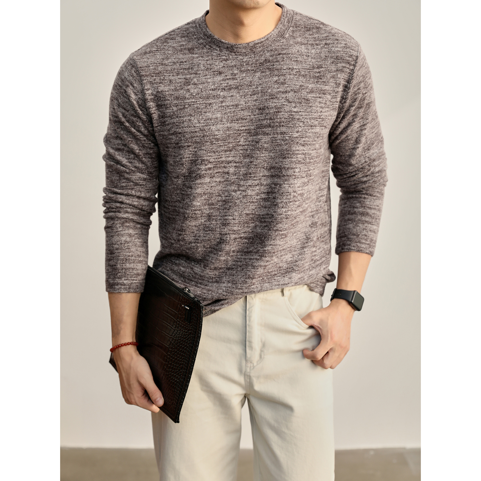 LUUD 慵懒磨毛绒感弹性花纱280g长袖T恤男渐变休闲内搭打底衫上衣