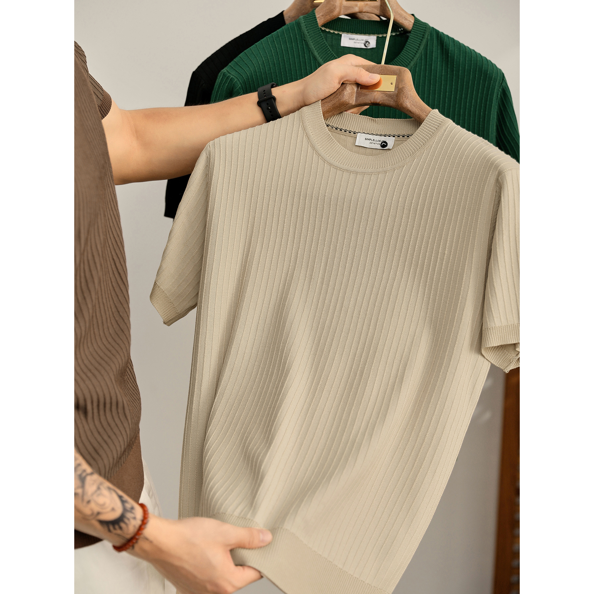 LUUD 英伦风雅奢肌理提花男士针织短袖老钱风冰爽丝立体条纹T恤衫