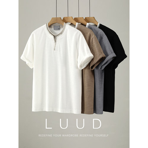 LUUD 高支竹节棉肌理休闲T恤男士撞色手工缝线假两件套头短袖夏季