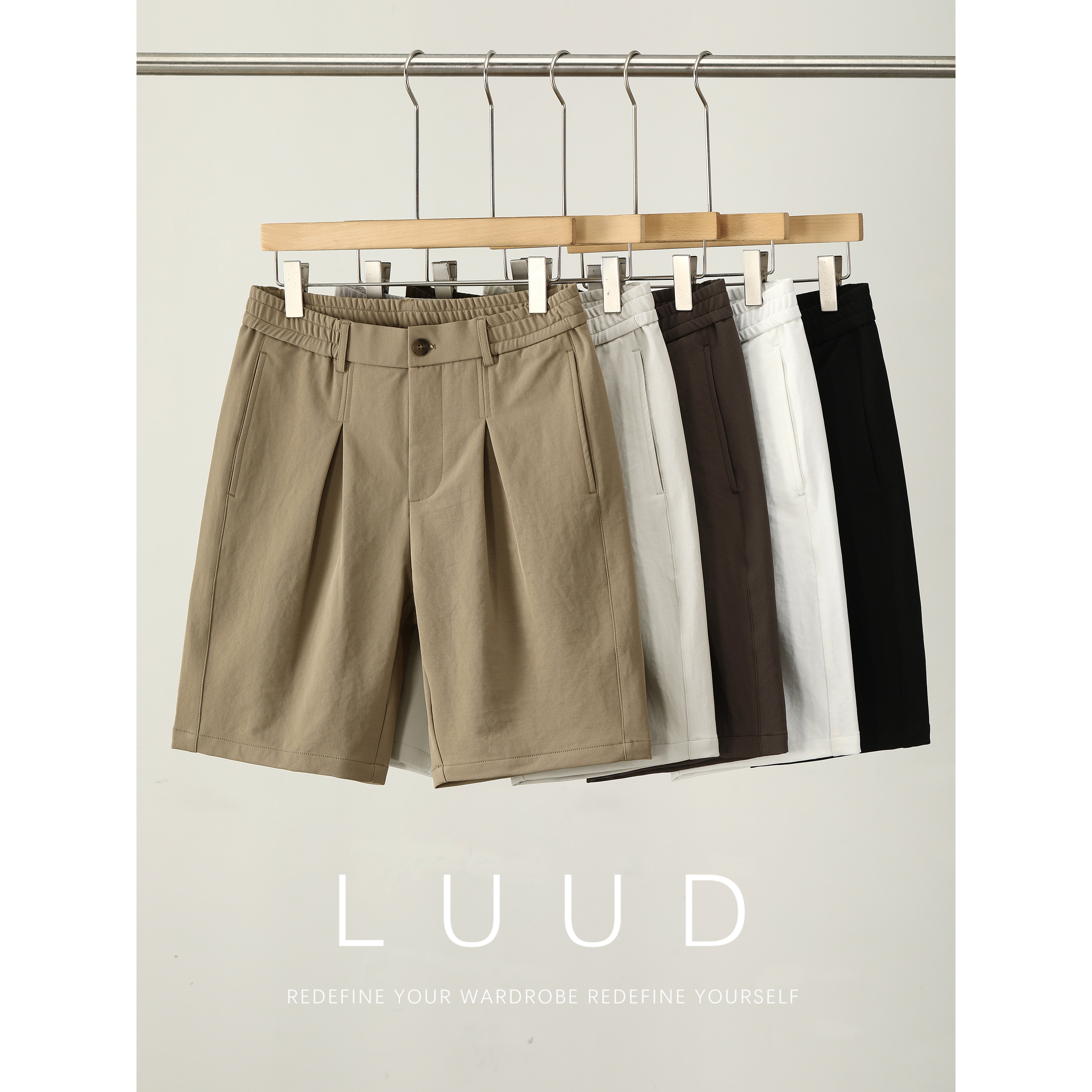 LUUD 夏季男士舒适通勤风西装短裤半松紧腰双褶百搭直筒五分中裤