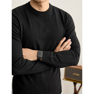 男装 LUUD 圆领针织衫 痞帅修身 纵向细密镂空纹理打底毛衣秋冬 时尚