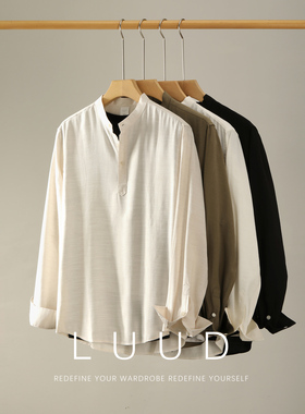LUUD 老钱风松弛感雅痞透气亚麻长袖亨利领衬衫男半门襟立领衬衣