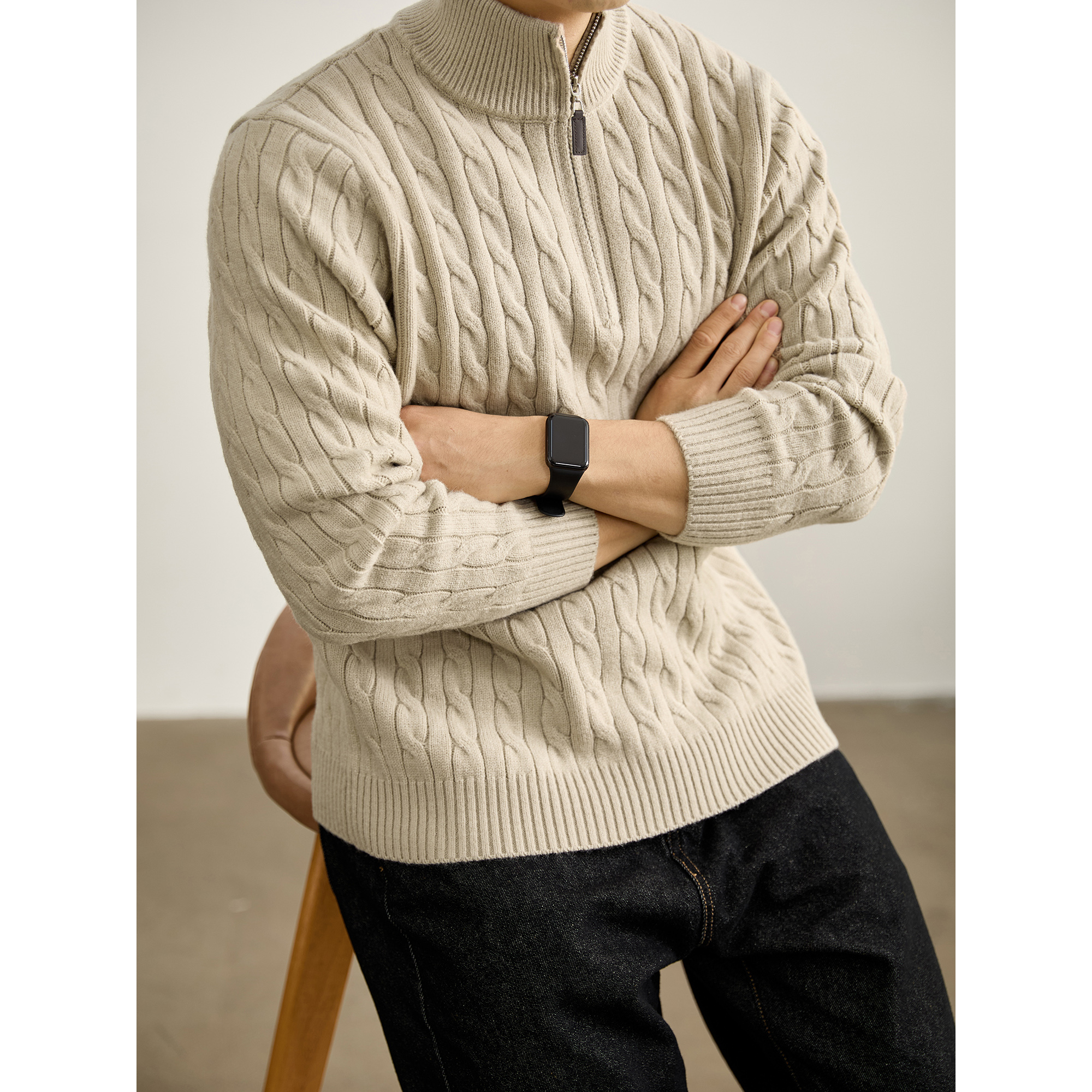 LUUD 老钱风麻花针织肌理套头上衣抗起球保暖半拉链立领毛衣男款