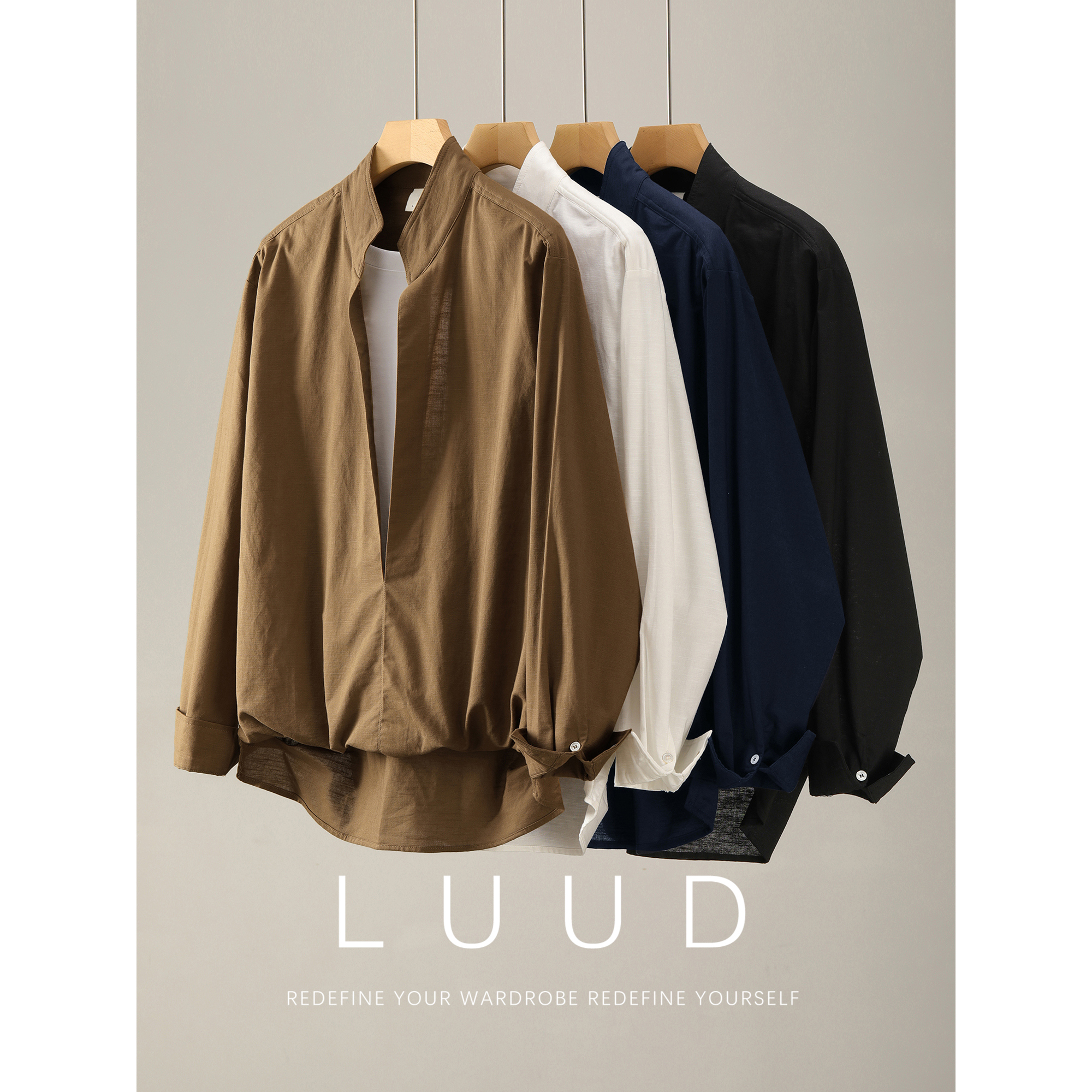 LUUD 老钱亚麻混纺半开襟立领假两件衬衫男层次叠穿拼接棉麻衬衣