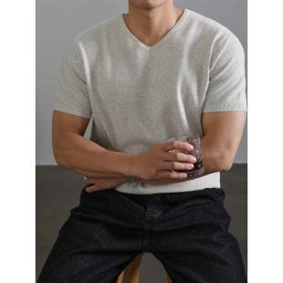 休闲纯色基础透气潮牌T恤衫 LUUD 男弹力时尚 V领针织短袖 上衣 夏季