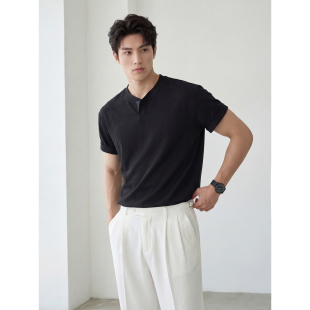 拼色一粒扣领口短袖 LUUD 亨利领上衣体恤衫 通勤极简风男士 T恤 夏季