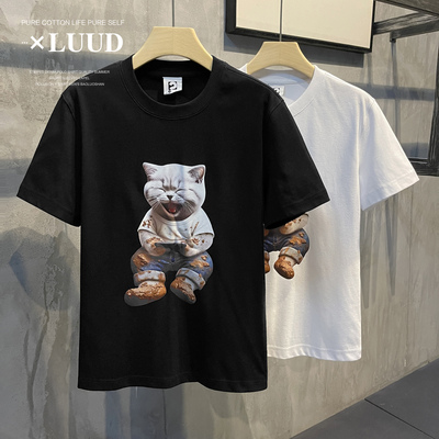 LUUD 潮牌创意贪玩猫咪印花短袖洗水棉圆领上衣男装网红时尚T恤衫