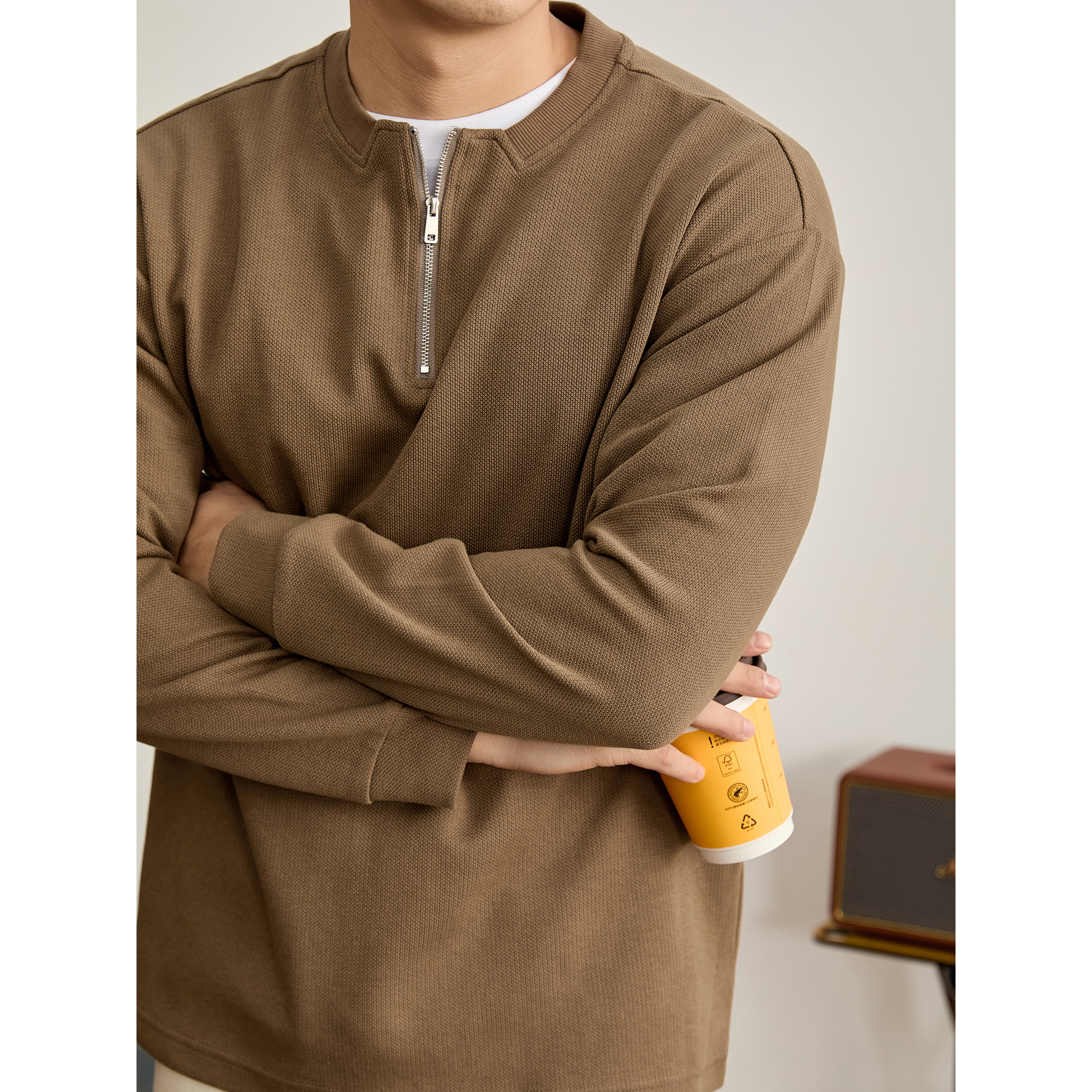 LUUD 轻熟复古男士水洗棉针织长袖卫衣设计感半拉链罗纹领口上衣