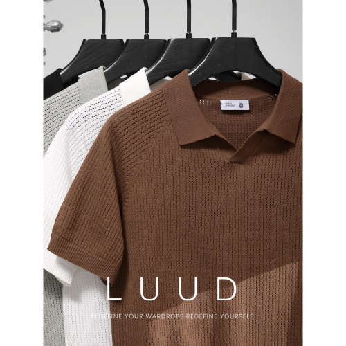 LUUD 复古老钱风男士网孔镂空设计针织翻领Polo衫冰感丝海鸥领T恤
