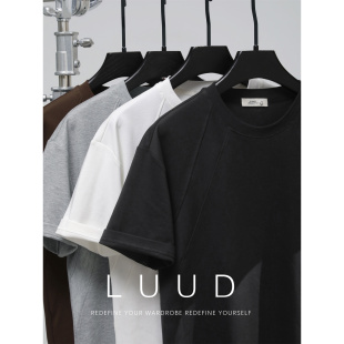 夏日亲肤棉休闲净色体恤圆领上衣 T恤男士 LUUD 拼接设计感落肩短袖