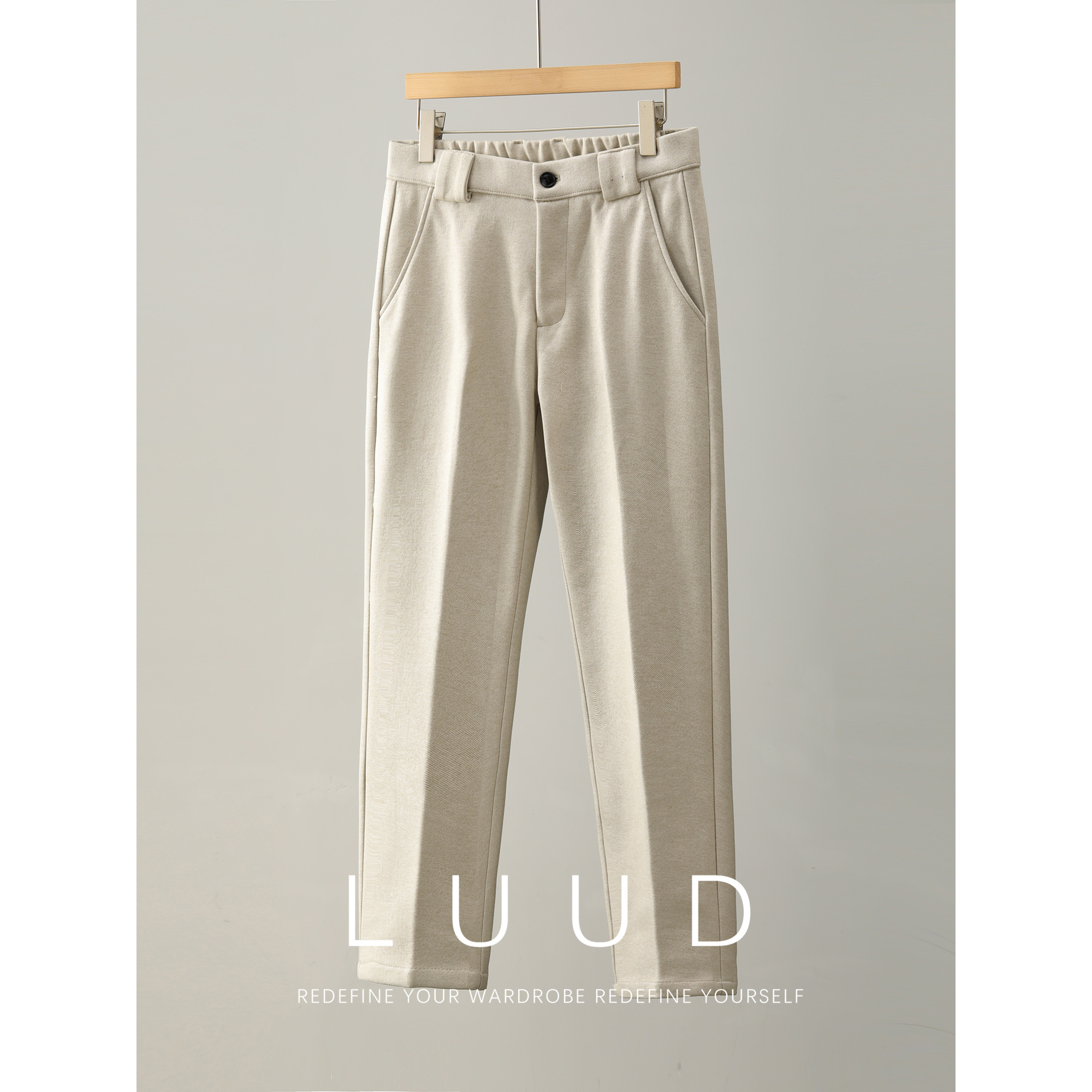 LUUD 男冬季内里磨毛保暖毛呢休闲长裤美式老钱立体裁剪直筒西裤