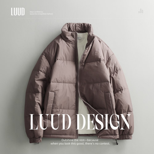 LUUD 咖啡色潮流男士羽绒服无帽立领防风保暖冬季新款抗寒厚外套