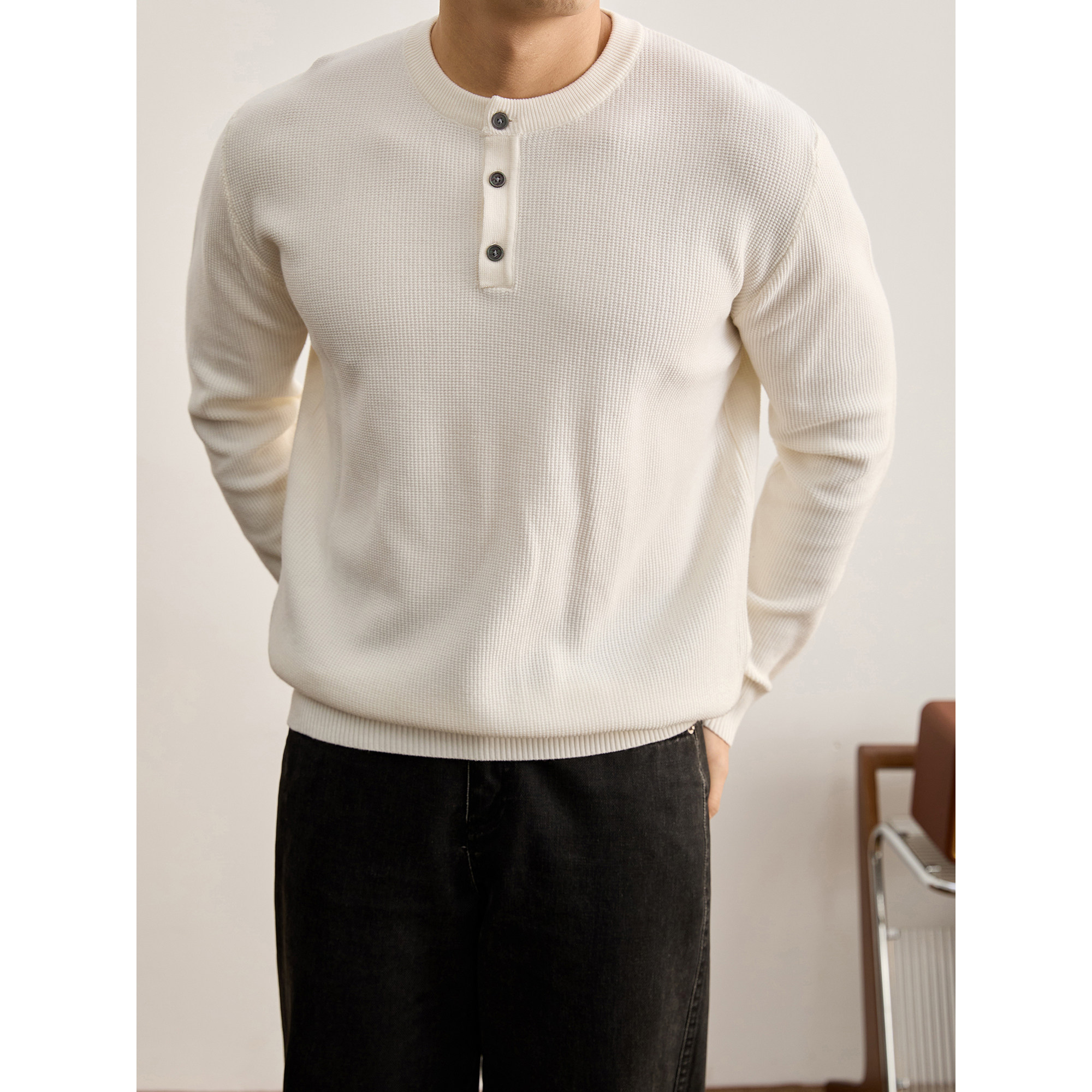 LUUD 儒雅新贵男士白色华夫格肌理亨利衫秋冬季软糯亲肤长袖毛衣