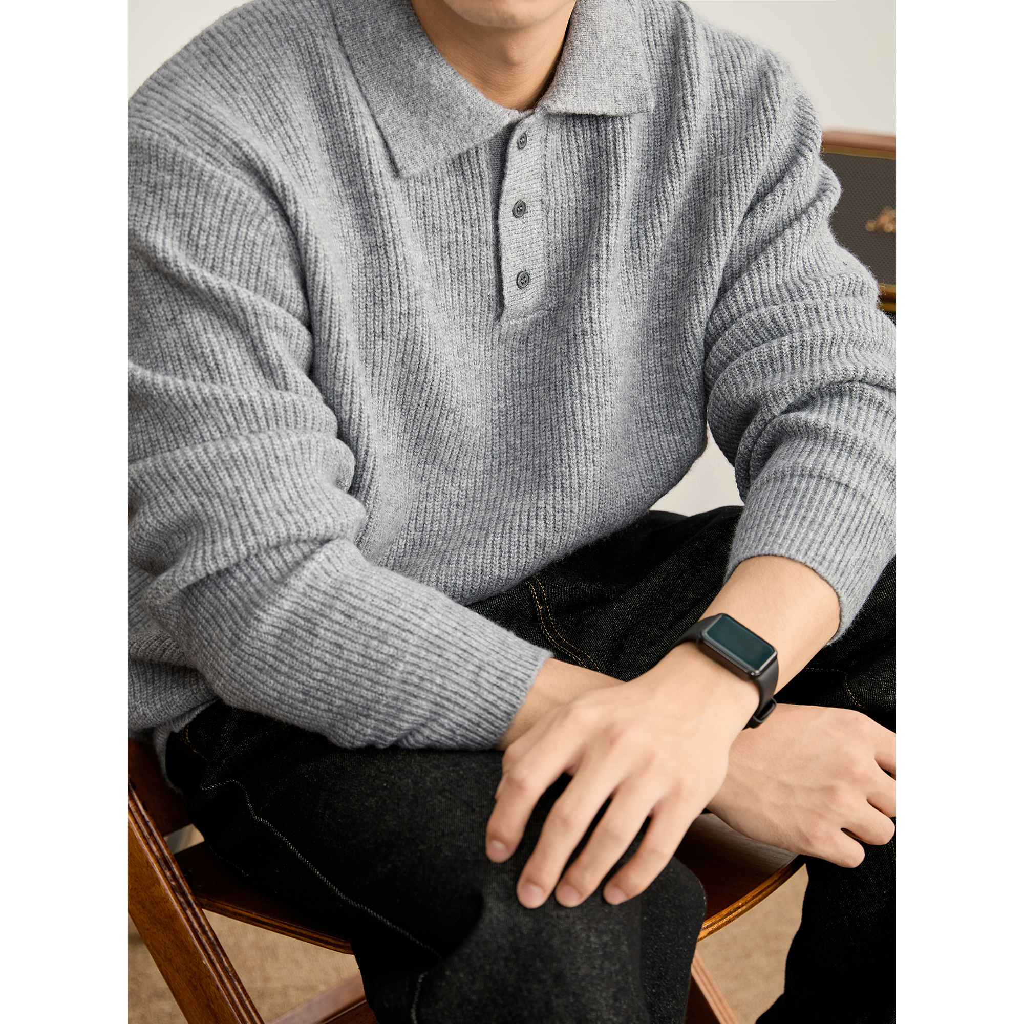 LUUD 简约舒适羊毛混纺针织毛衣细密竖坑条肌理翻领POLO衫男秋冬