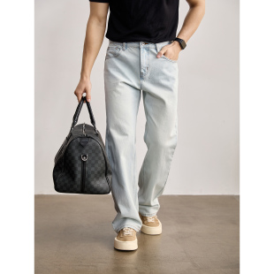 男款 LUUD 异色明线水洗棉斜纹直筒裤 水洗磨白奶油蓝牛仔长裤 美式