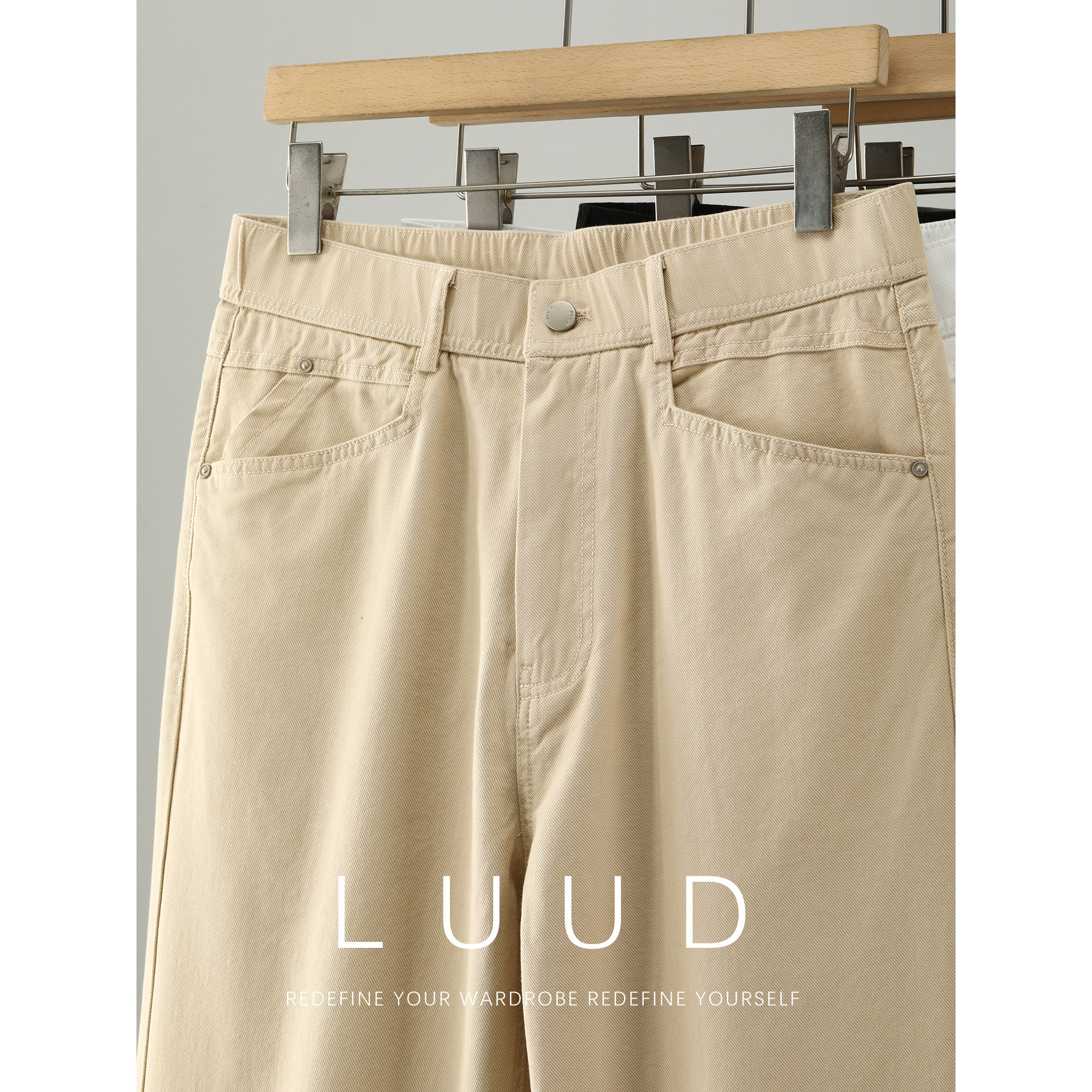 LUUD 男士夏季纯色极简风直筒长裤半松紧腰铆钉装饰百搭款休闲裤