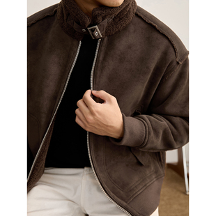绑带调解领口麂皮绒外套 机车夹克冬季 LUUD 复古风羊羔绒内里男士