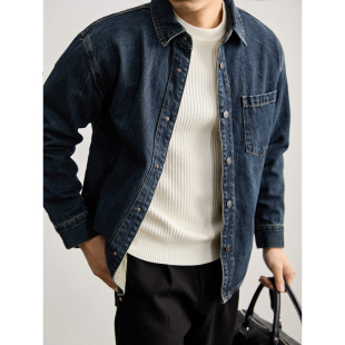 LUUD 男春秋休闲cityboy做旧按扣夹克外套 复古怀旧水洗蓝牛仔衬衫