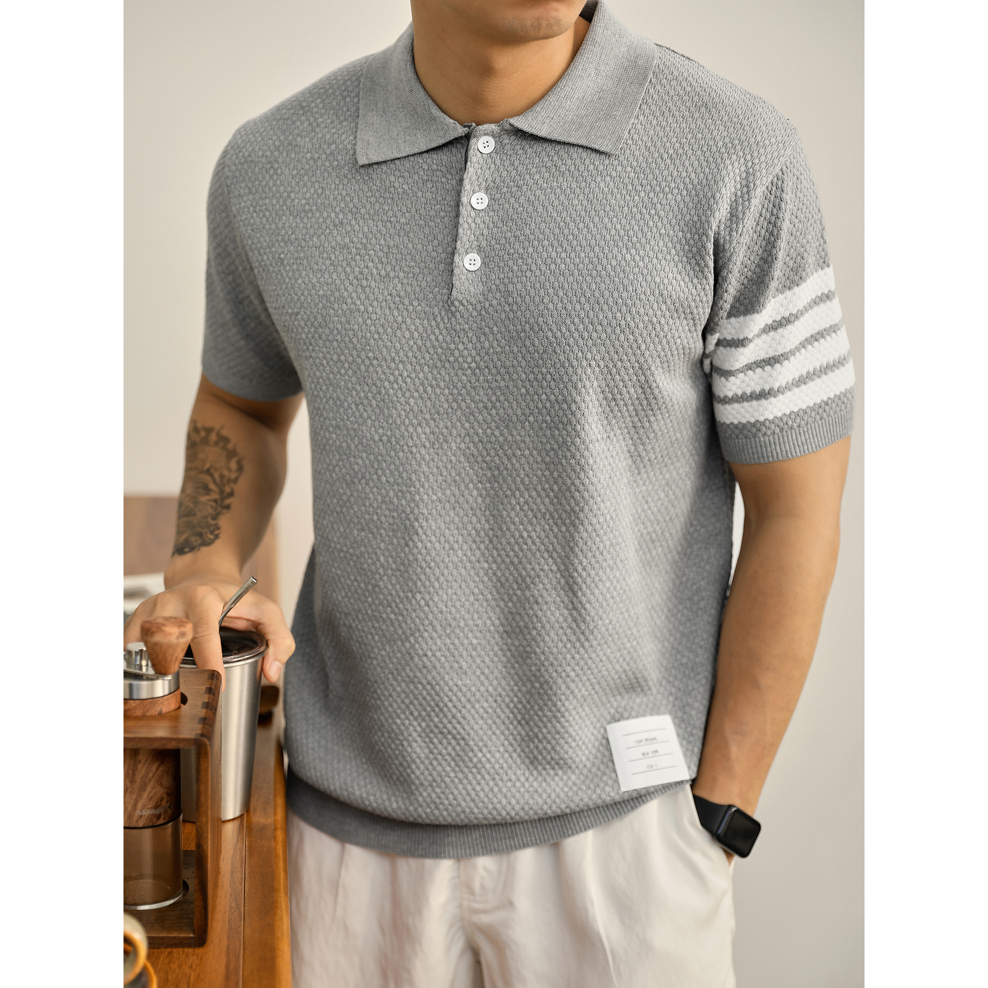 LUUD 痞帅男士四道杠冰爽丝Polo衫夏季奢感蜂窝肌理翻领针织短袖