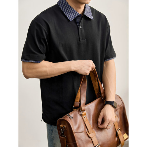 LUUD 格纹撞色拼接翻领POLO衫男士假两件T恤横纹肌理抗皱透气短袖