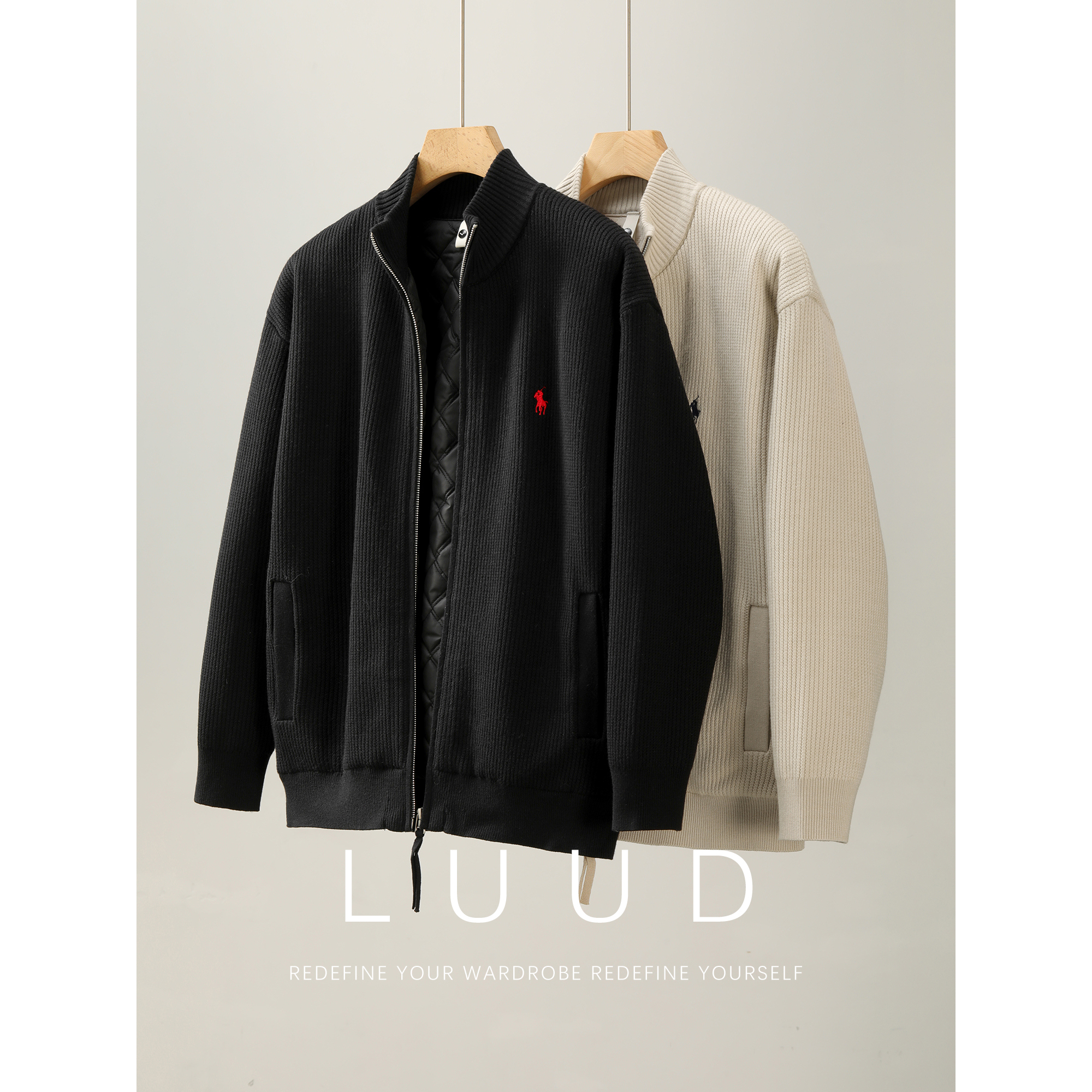 LUUD 老钱风坑条肌理保暖夹棉毛衣外套天丝莱赛尔刺绣针织开衫男