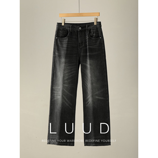 自然洗水不规则猫须磨白复古黑色直筒宽松休闲牛仔长裤 LUUD 男士