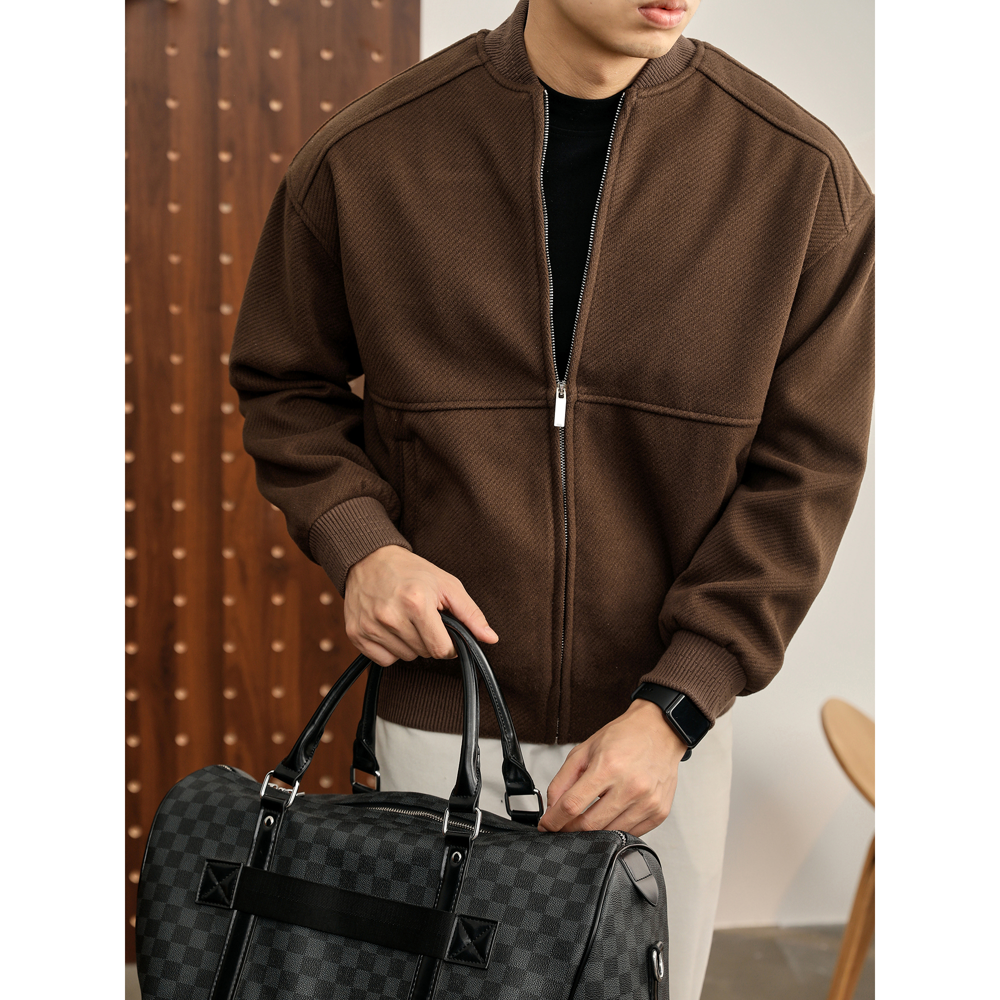 LUUD 老钱风纯咖啡色斜纹肌理感磨毛夹克外套男秋冬分割线棒球服