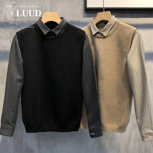 LUUD 秋冬英伦男士修身加厚假两件针织衫加绒毛衫拼接衬衫领外套