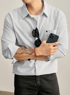 LUUD 都市通勤极简时尚条纹100%纯棉衬衫爱心小刺绣雅痞男士衬衣