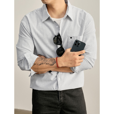 LUUD 都市通勤极简时尚条纹100%纯棉衬衫爱心小刺绣雅痞男士衬衣