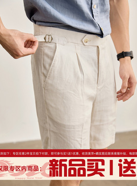 LUUD 天丝亚麻五分裤金属调节扣百搭中裤卷边裤脚设计白色短裤男