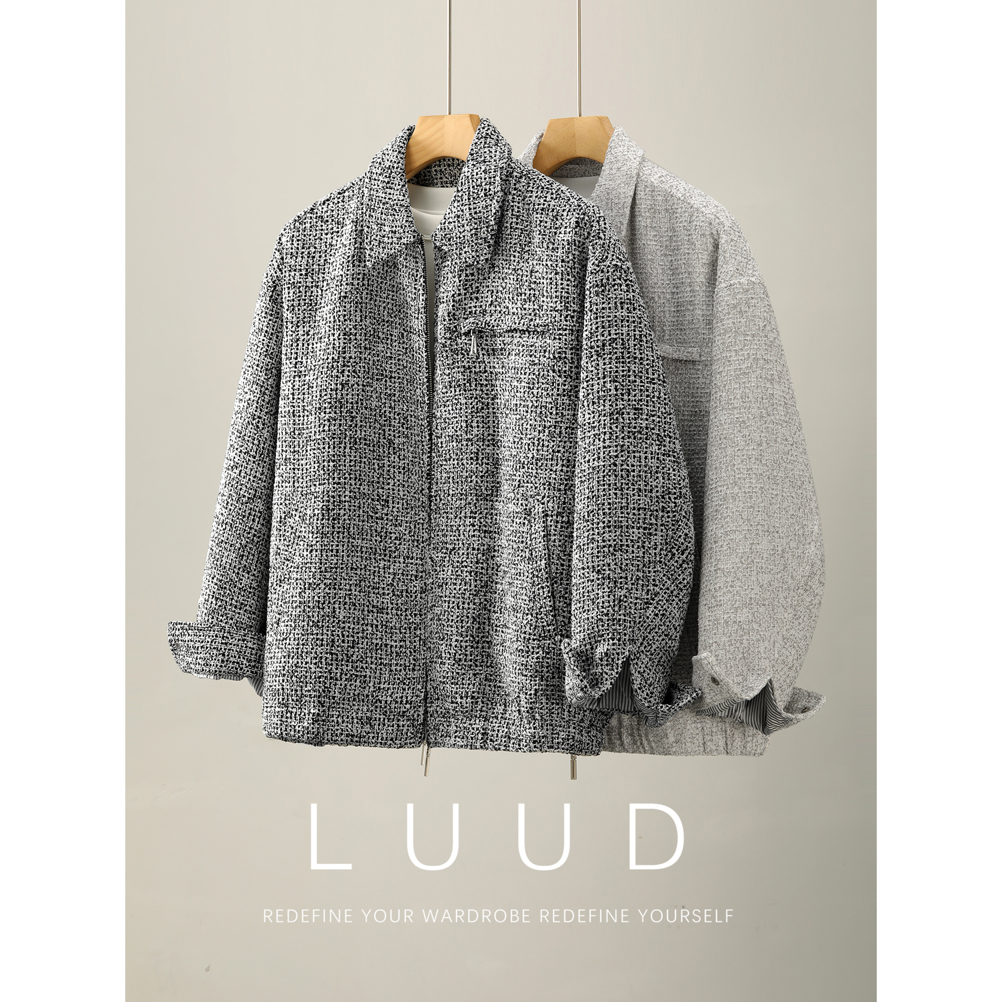 LUUD 秋冬季男士小香风编织纹理磨毛外套花纱混色提花双拉链夹克