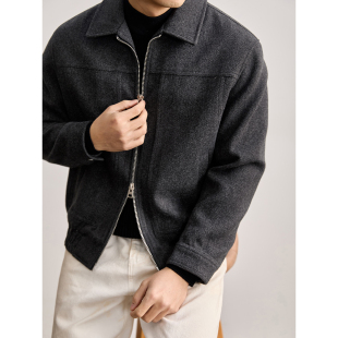 LUUD 外套纯色男秋冬保暖磨毛双头拉链翻领夹克 老钱风羊毛呢短款