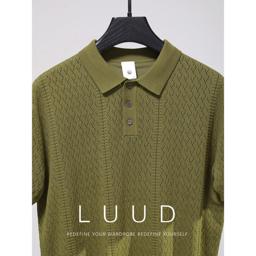 LUUD 透气冰凉纱菱形镂空提花纹理针织衫复古潮流短袖POLO衫男夏