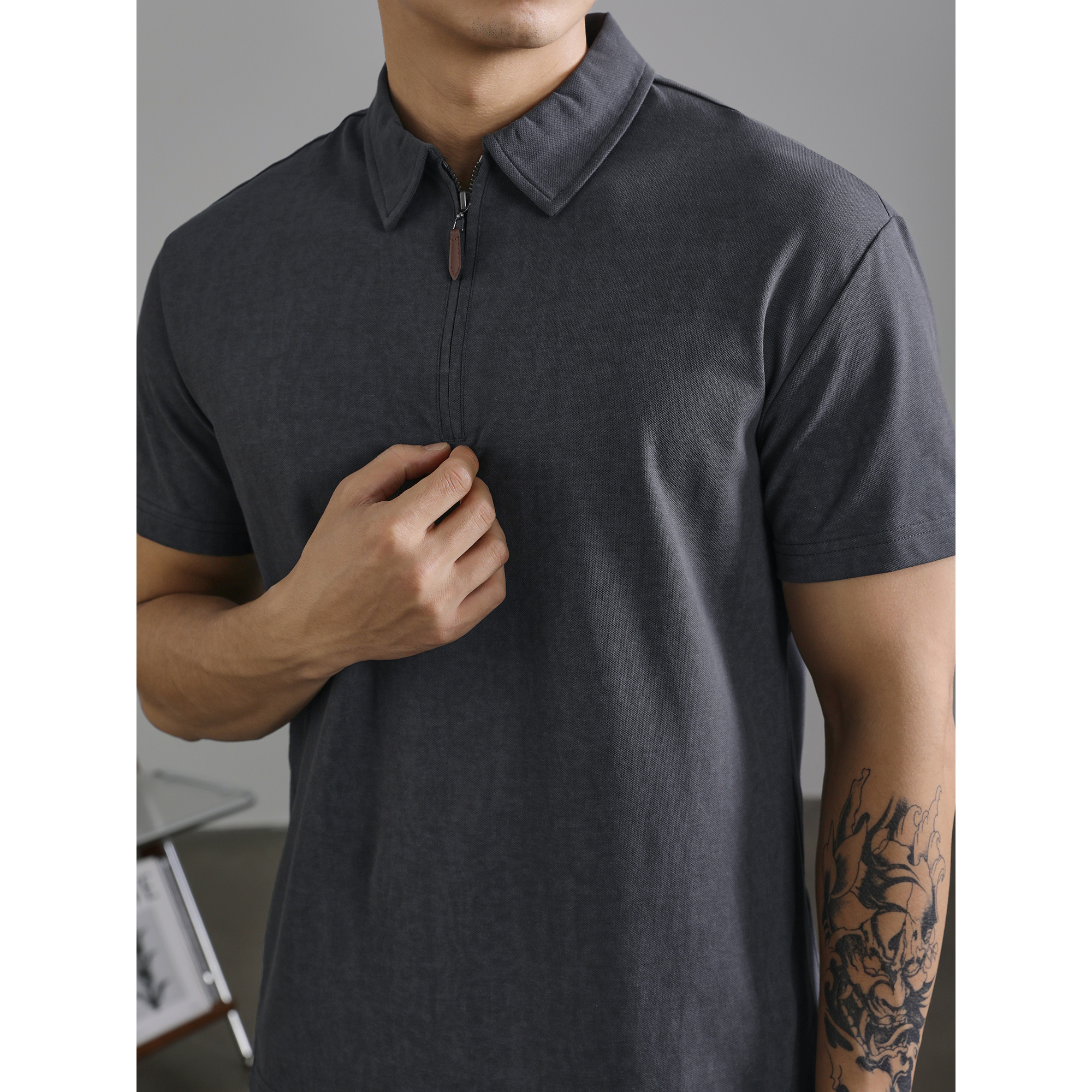 LUUD 半拉链短袖Polo衫男士夏季重磅半袖保罗衫百搭渲染翻领上衣