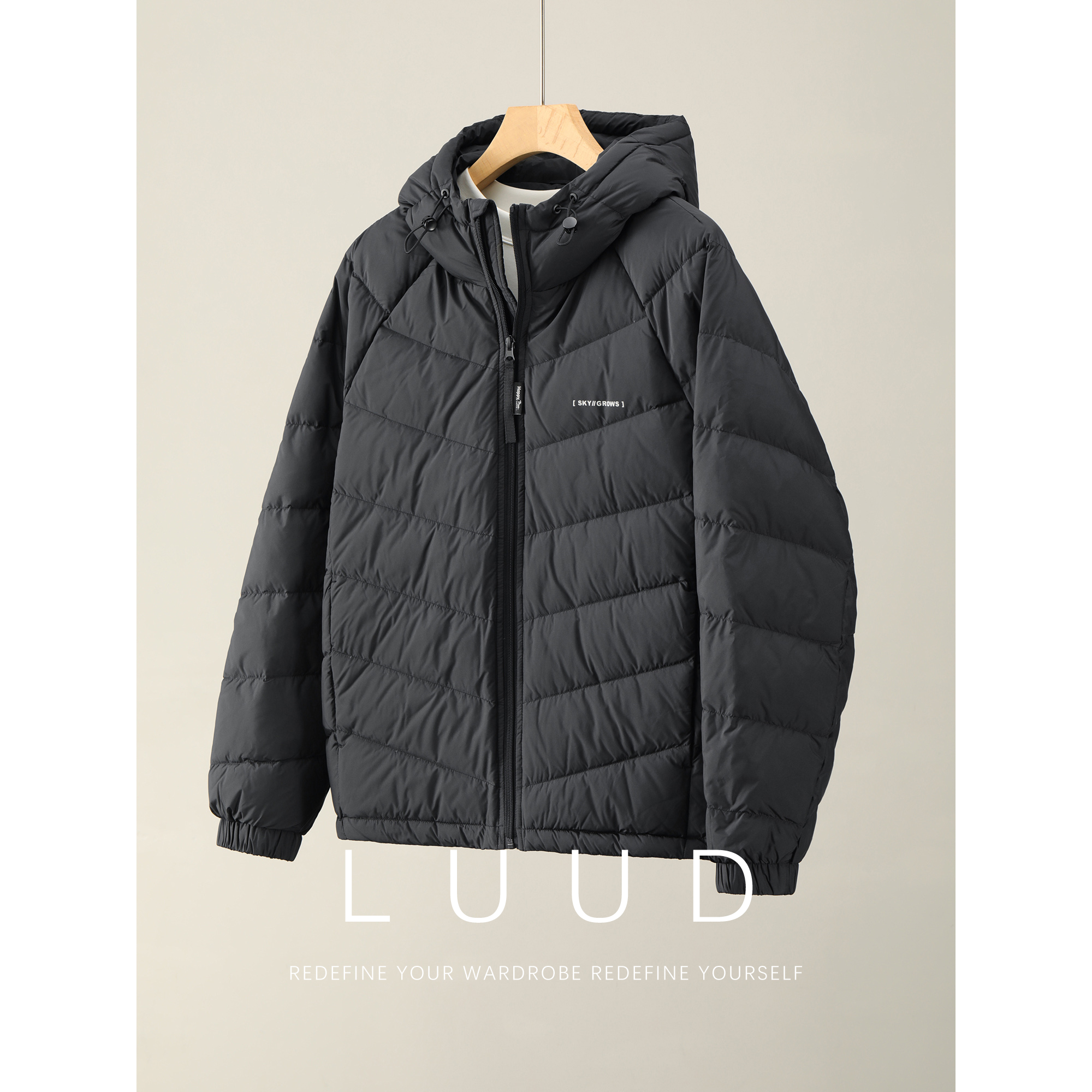 LUUD 白鸭绒排骨绗缝轻盈保暖抽绳松紧连帽外套男冬极简风羽绒服