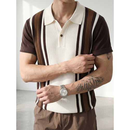 LUUD 时尚欧美撞色条纹短袖POLO衫男士坑条肌理透气百搭针织T恤潮