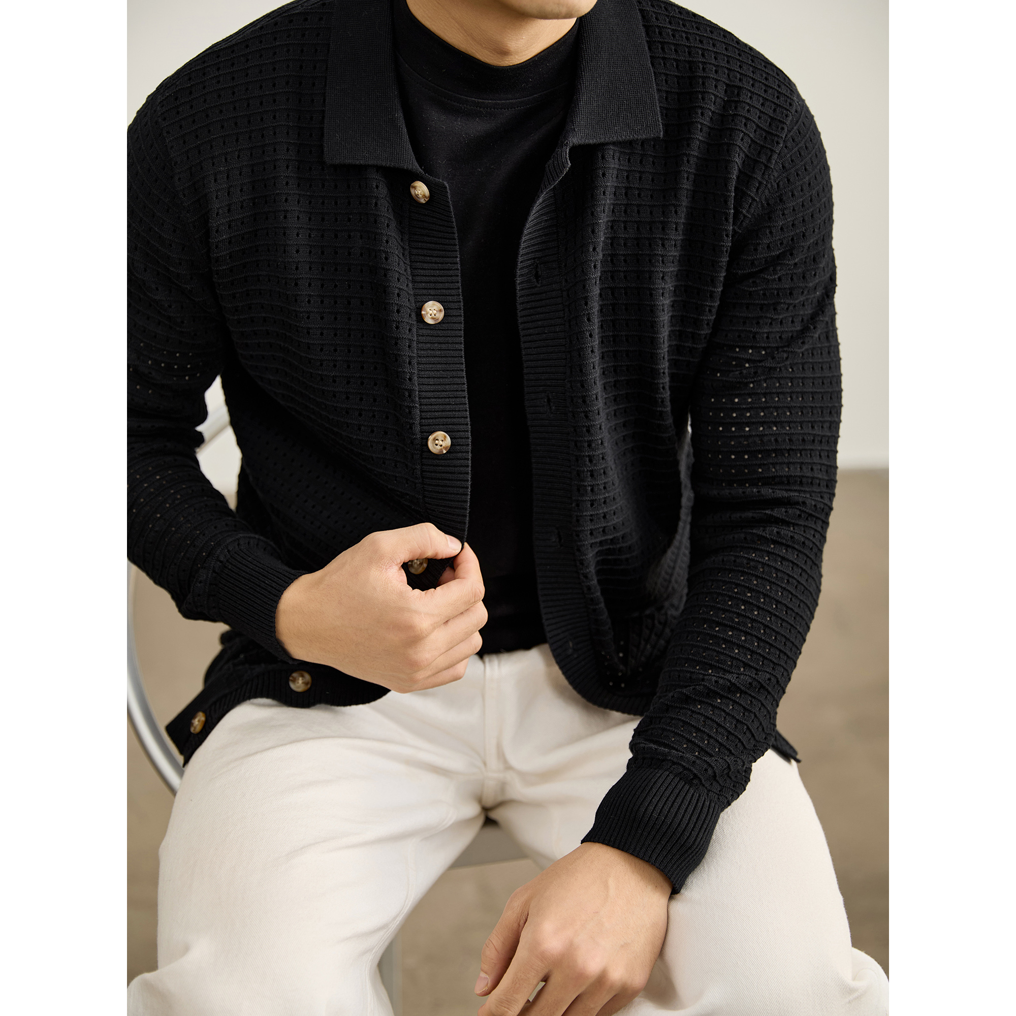 LUUD 100%纯棉定制树脂扣针织翻领开衫男士秋冬镂空设计毛衣外套