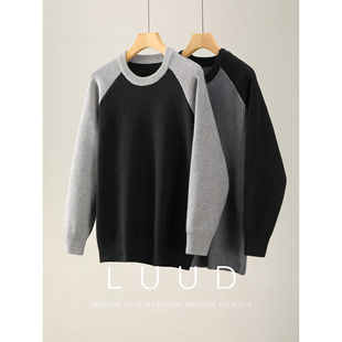 LUUD 重磅760g华夫格圆领针织毛衣复古学院风撞色插肩袖长袖男款